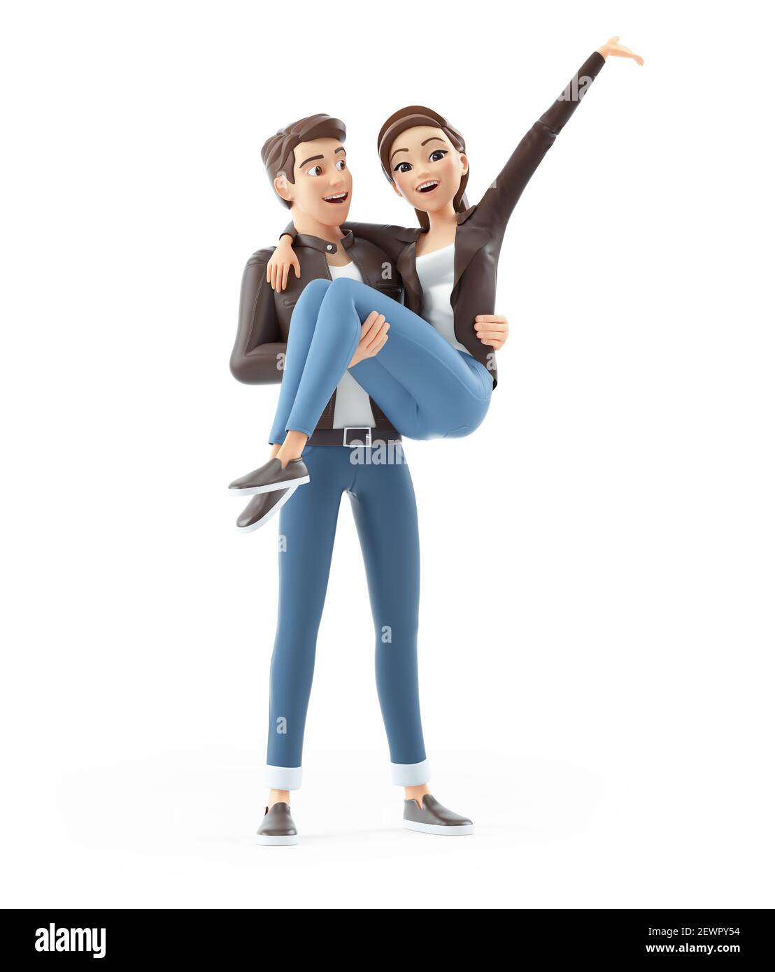 3d cartoon man carrying woman in his arms, illustration isolated on white  background Stock Photo - Alamy