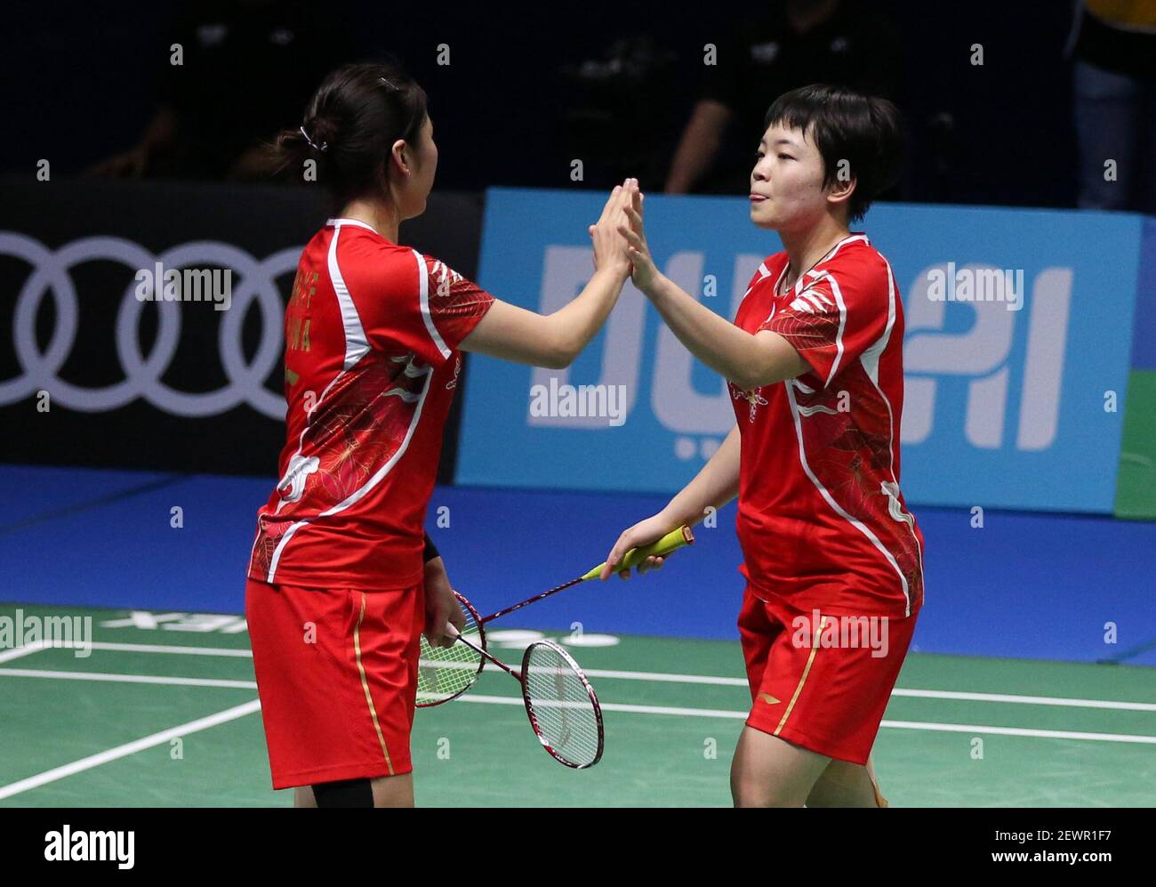 161218) -- DUBAI , Dec. 18, 2016 (Xinhua) -- Chen Qingchen(R) and Jia Yifan  of China celebrate during the women's doubles final against Misaki  Matsutomo and Ayaka Takahashi of Japan in the
