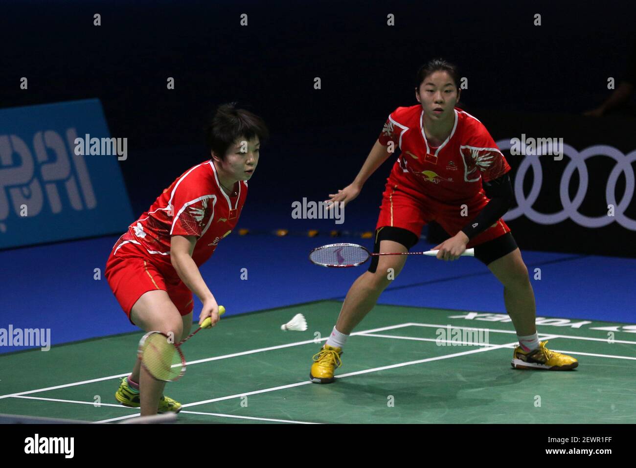 161218) -- DUBAI , Dec. 18, 2016 (Xinhua) -- Chen Qingchen(L) and Jia Yifan  of China compete during the women's doubles final against Misaki Matsutomo  and Ayaka Takahashi of Japan in the