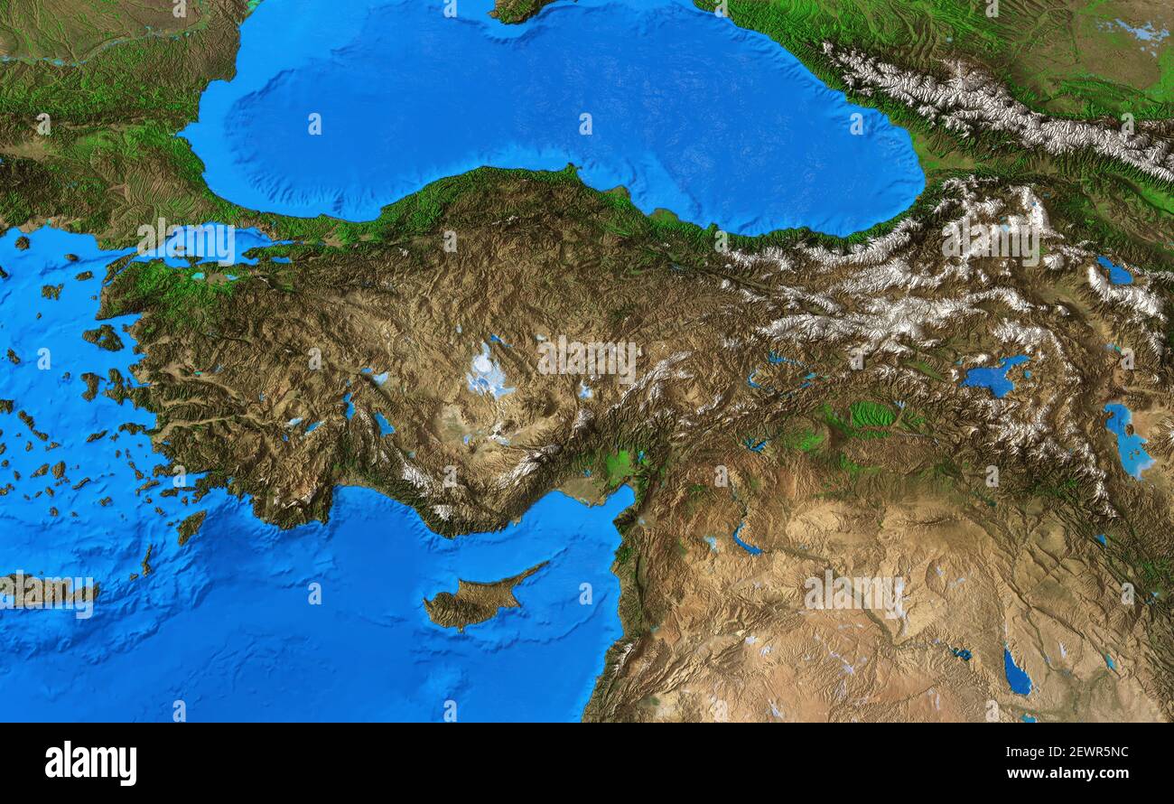 Physical map of Turkey. Detailed flat view of the Planet Earth and its landforms. 3D illustration - Elements of this image furnished by NASA Stock Photo