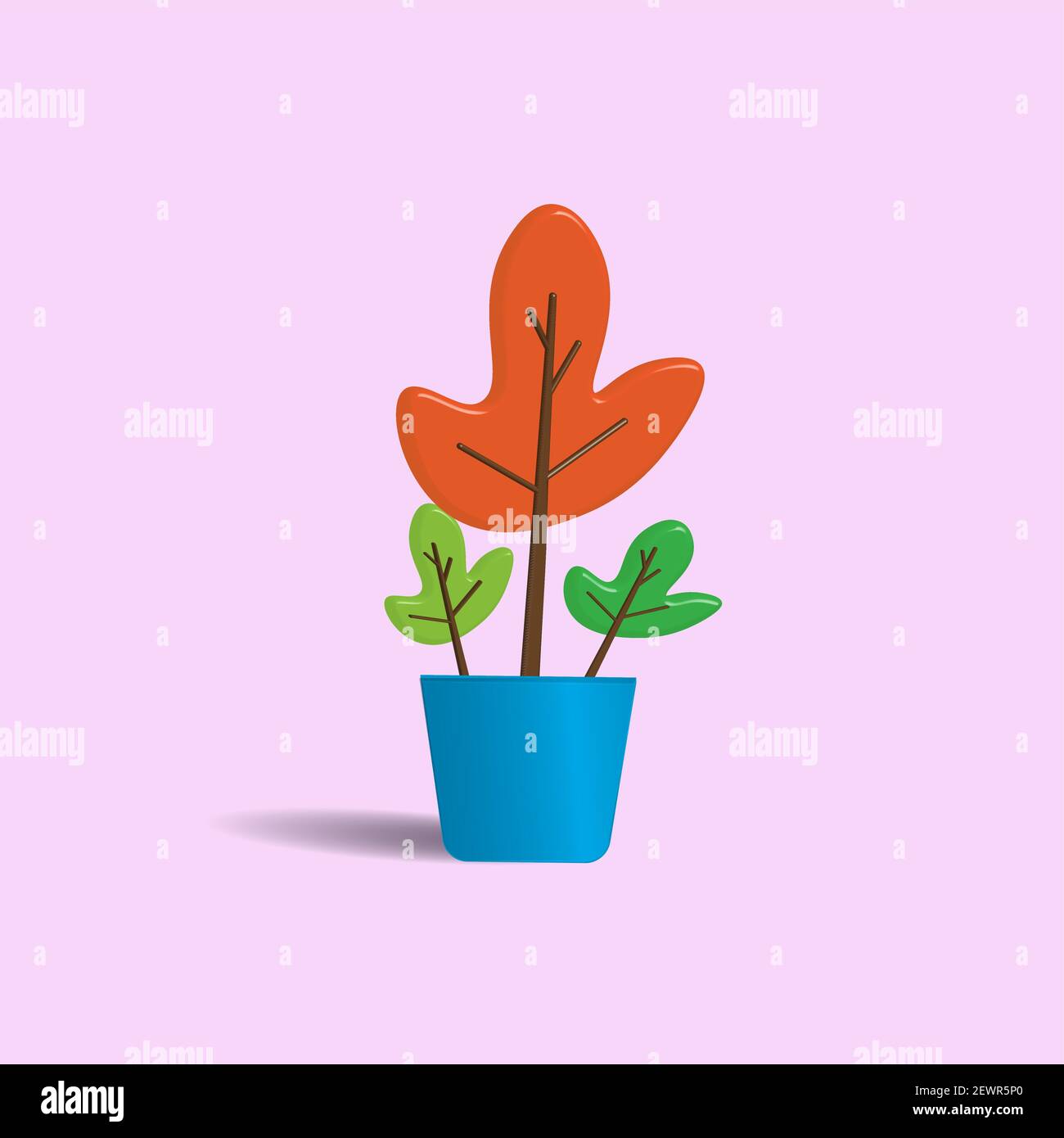 Abstract flower in a blue pot isolated on pastel pink color background. Cute cartoon green and orange leaves. Creative 3D vector illustration Stock Vector