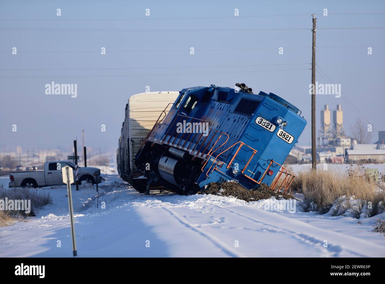 A Boise Valley Railroad is pictured off the tracks near