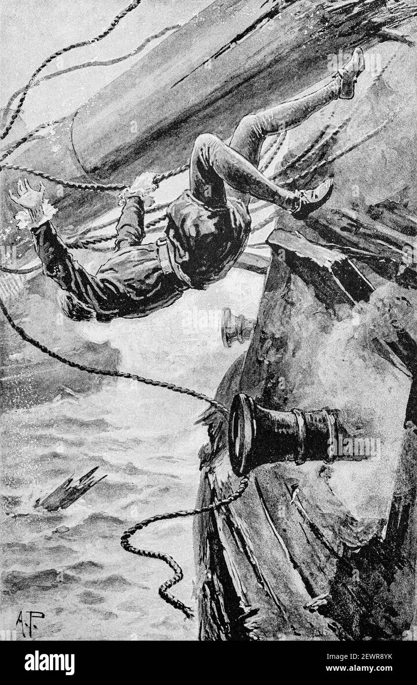 Geoffrey is knocked overboard during the Spanish Armada: from 'By England's Aid' by G.A.Henty. An early adventure story in which Geoffrey and Lionel Vickars, two brothers from Hedingham in Essex, England follow Sir Francis Vere (1560-1609), an English soldier, famed for his successful military career to the Netherlands. It takes place during the conflict between Spain and the Netherlands that merged in the general European War that became known as the Thirty Years' War leading to the Spanish Armada of 1588. Stock Photo