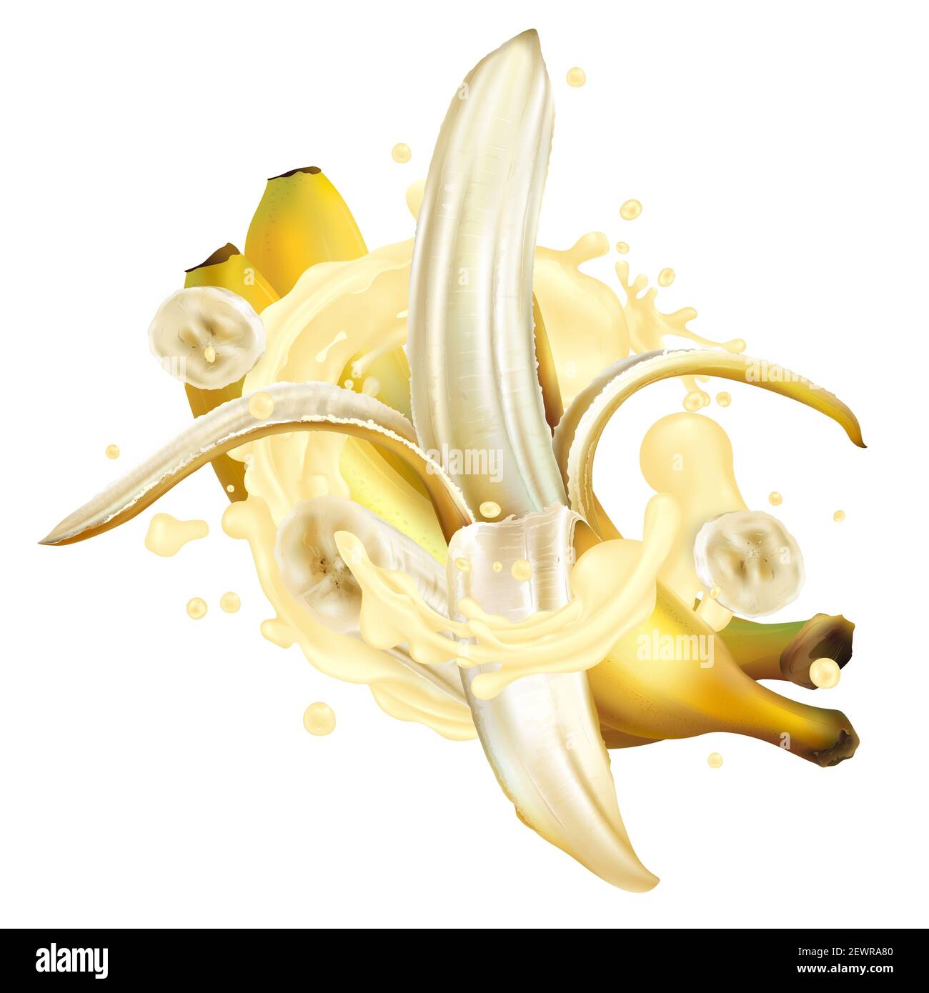 Whole and sliced bananas in a milkshake splash. Stock Photo