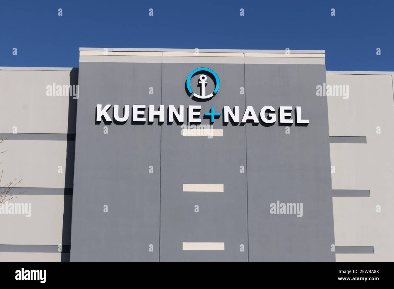 Whitestown - Circa March 2021: Kuehne + Nagel transport and freight forwarding location. Kuehne + Nagel is based in Bremen, Germany. Stock Photo