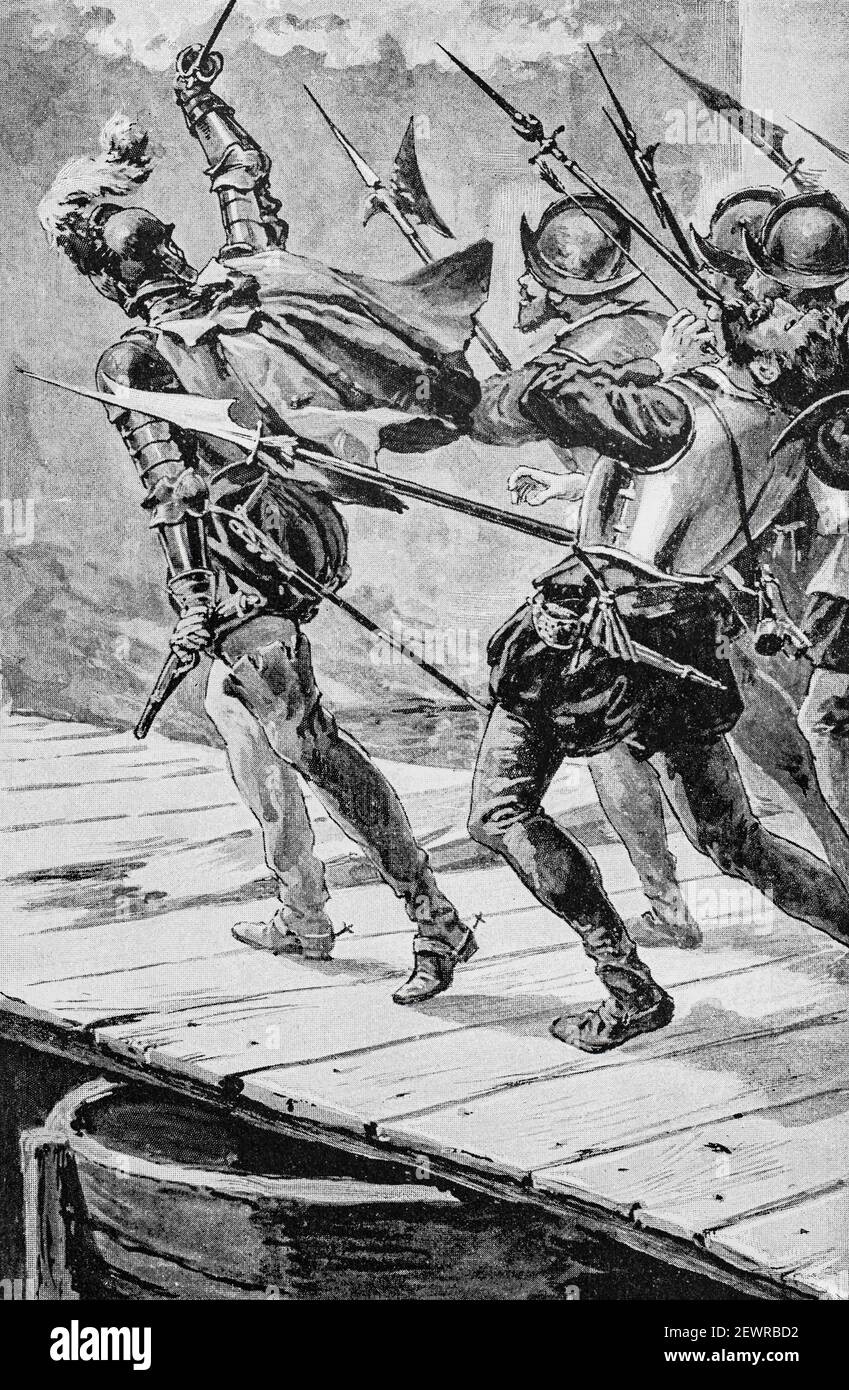 Leading a charge over a bridge of boats: from 'By England's Aid' by G.A.Henty. An early adventure story in which Geoffrey and Lionel Vickars, two brothers from Hedingham in Essex, England follow Sir Francis Vere (1560-1609), an English soldier, famed for his successful military career to the Netherlands.It takes place during the conflict between Spain and the Netherlands that merged in the general European War that became known as the Thirty Years' War. Stock Photo
