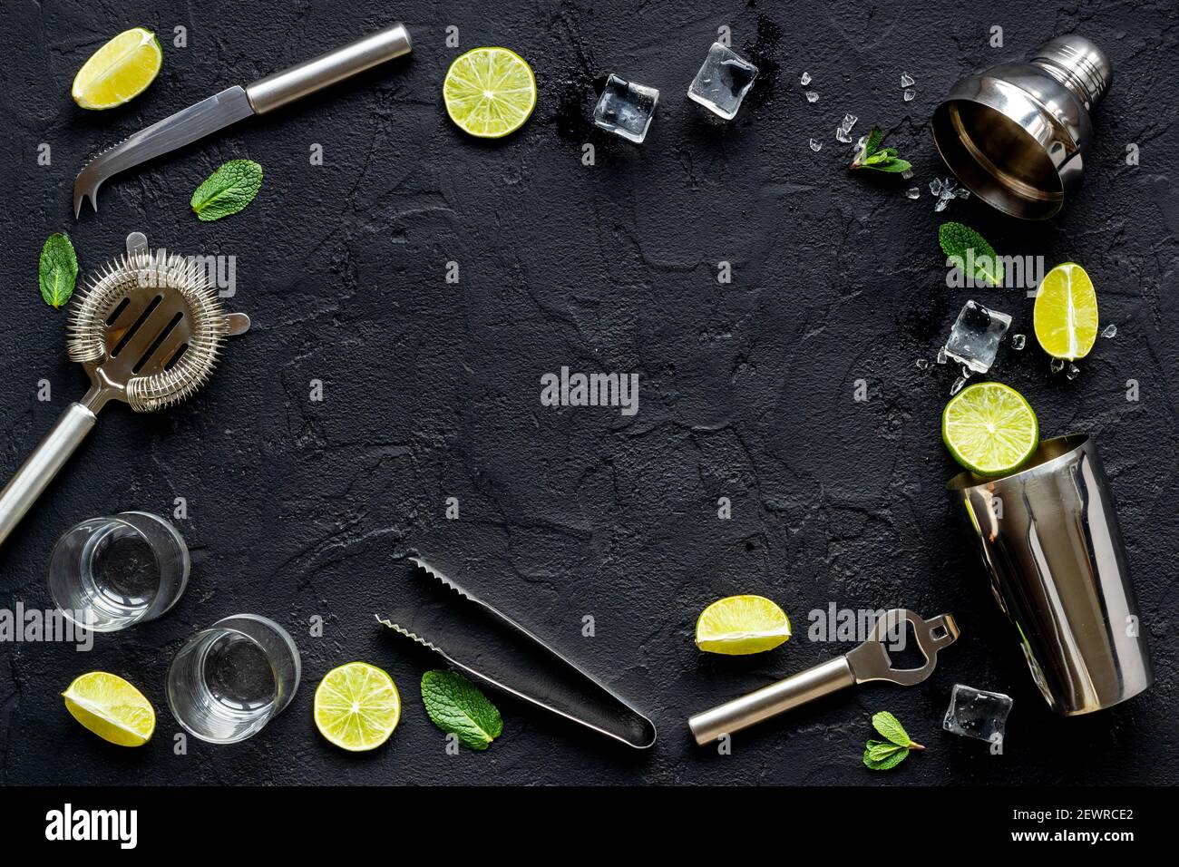 Frame of bar utensils and tools for Mojito cocktail shaker, lime and