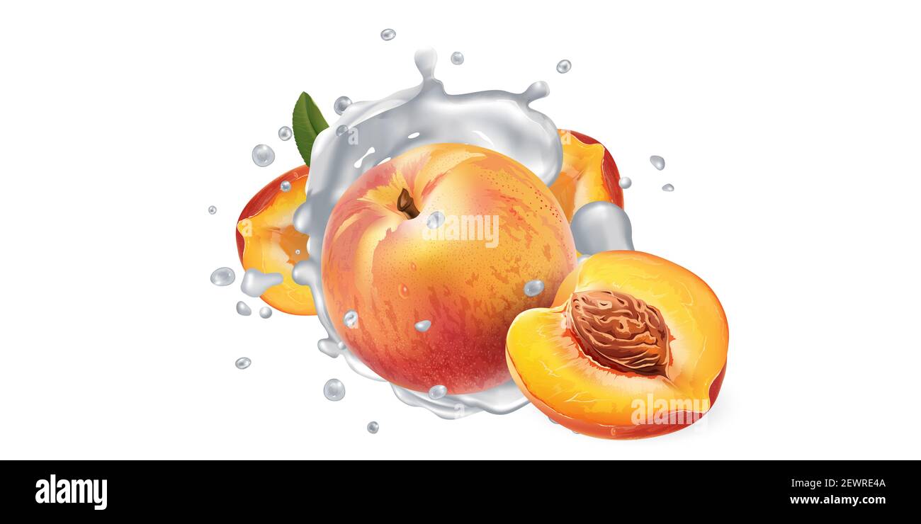 Peaches in splashes of yogurt or milk. Stock Photo