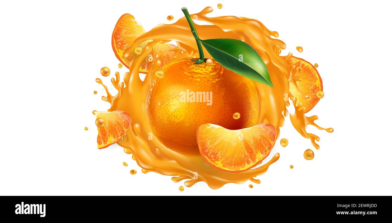 Whole and sliced mandarins in a juice splash Stock Photo Alamy