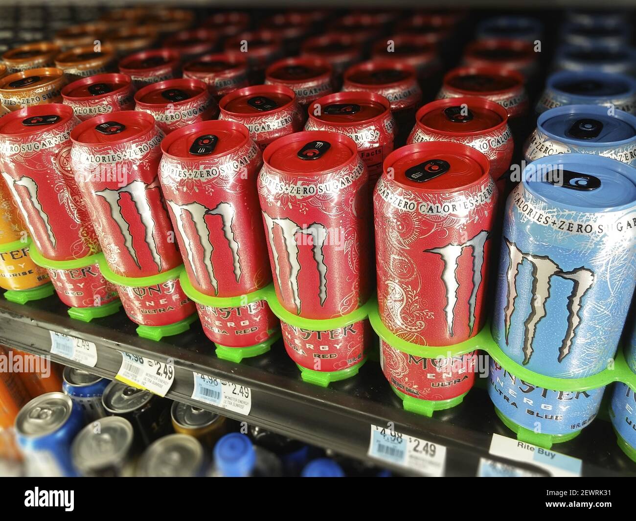 Monster brand energy drinks in a convenience store cooler on Tuesday, July  26, 2016. Monster Beverages reported first-quarter profits that missed  estimates... by a penny. (Photo by Richard B. Levine Stock Photo -
