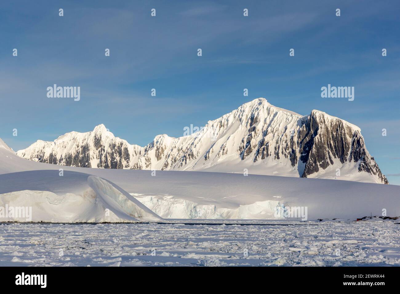 Snow-covered mountains and dense sea ice in Neumayer Channel, Palmer Archipelago, Antarctica, Polar Regions Stock Photo