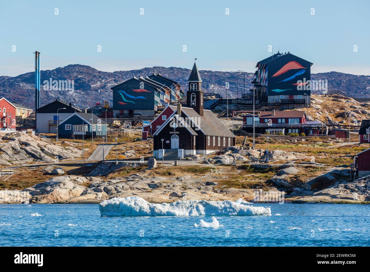 View from the outer bay of the third largest city in Greenland, Ilulissat (Jakobshavn), Greenland, Polar Regions Stock Photo