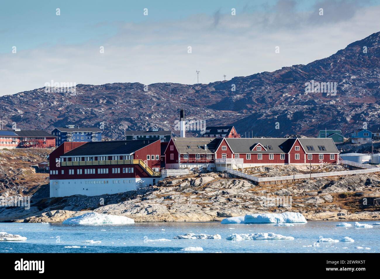 View from the outer bay of the third largest city in Greenland, Ilulissat (Jakobshavn), Greenland, Polar Regions Stock Photo