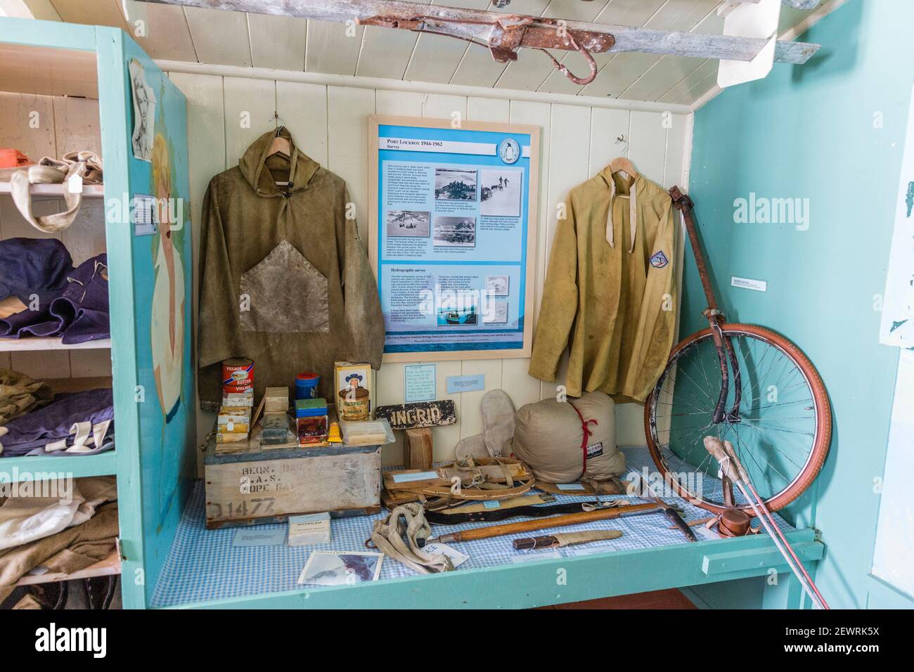 Interior of former British Base  now a museum and post office at Port Lockroy on tiny Goudier Island, Antarctica, Polar Regions Stock Photo