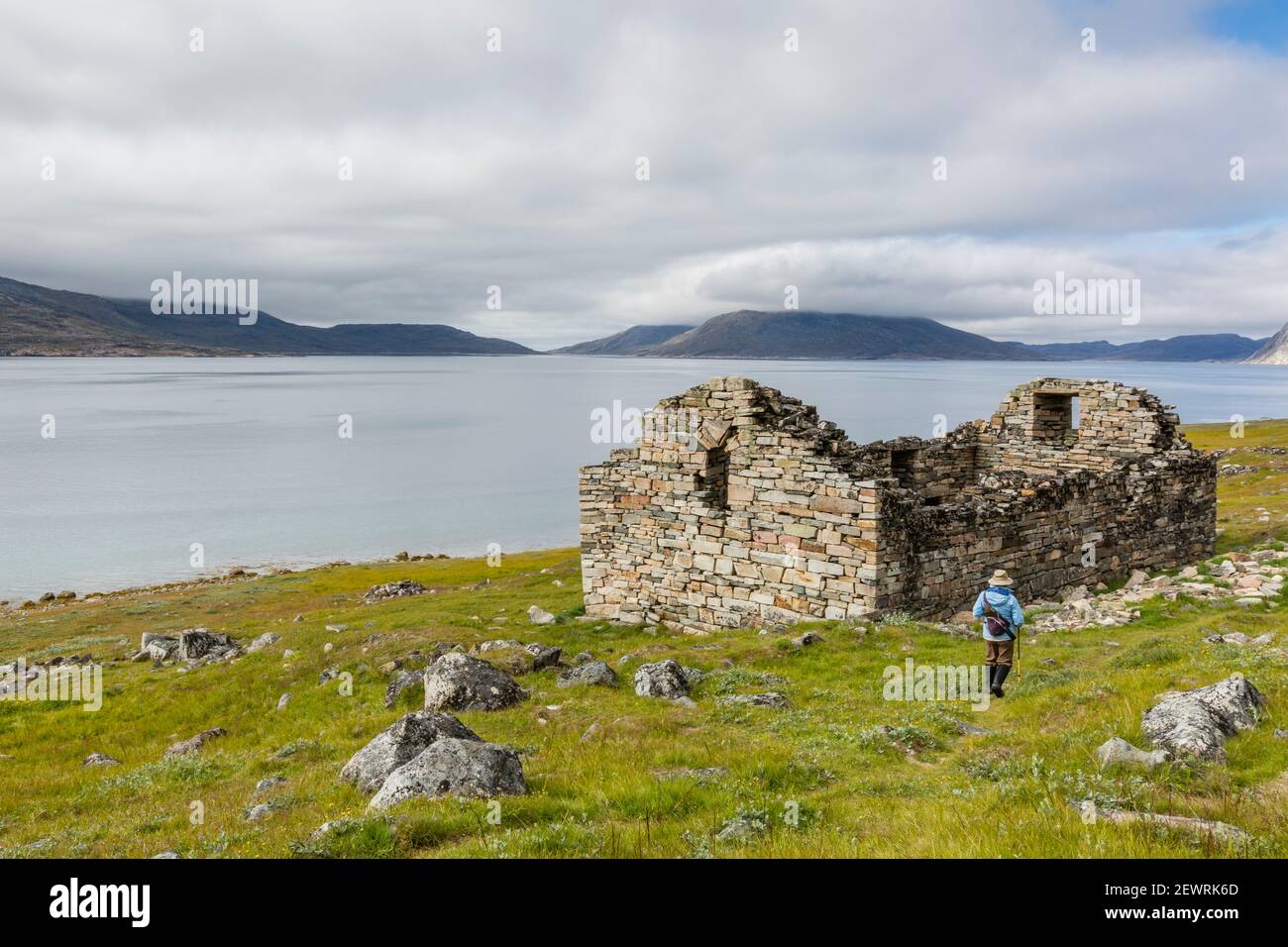 Church at Greenland's largest, best-preserved Norse farmstead ruins at Hvalsey, Qaqortukulooq, Greenland, Polar Regions Stock Photo