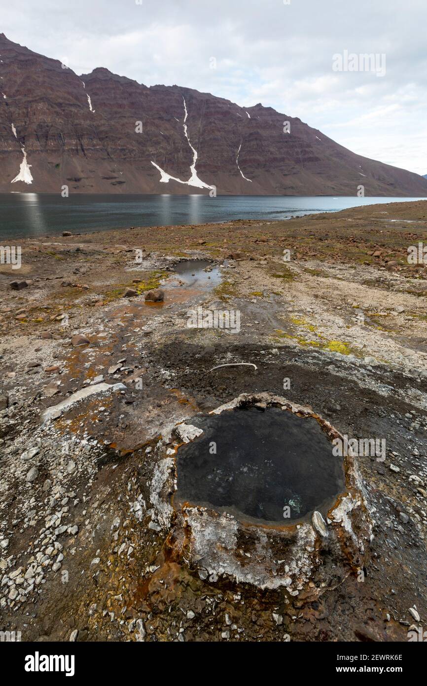 The hot springs at Romer Fjord, Scoresbysund, eastern Greenland, Polar Regions Stock Photo