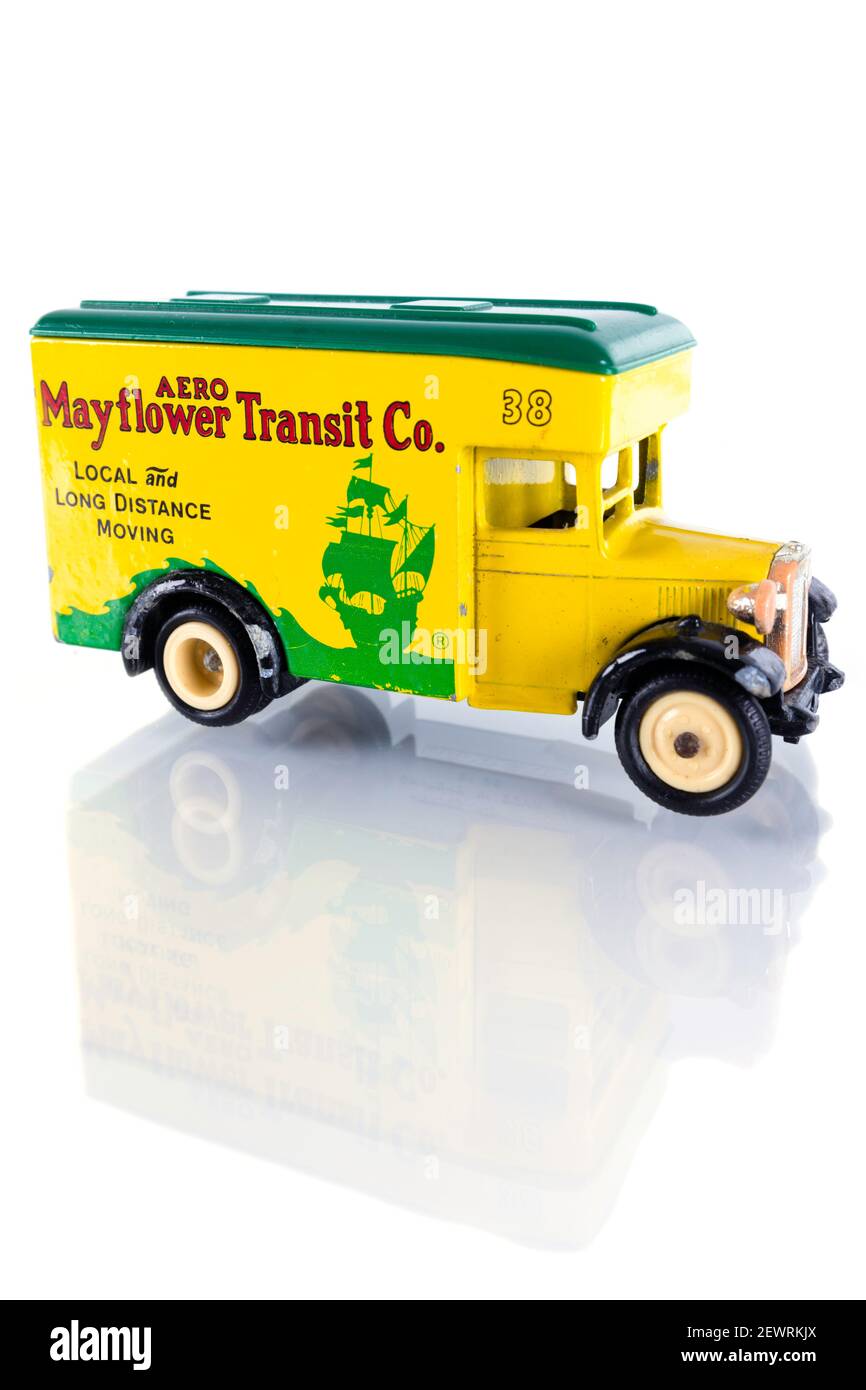 Worn diecast vehicle of a 'Mayflower Transit Co.' removal van. Isolated ...