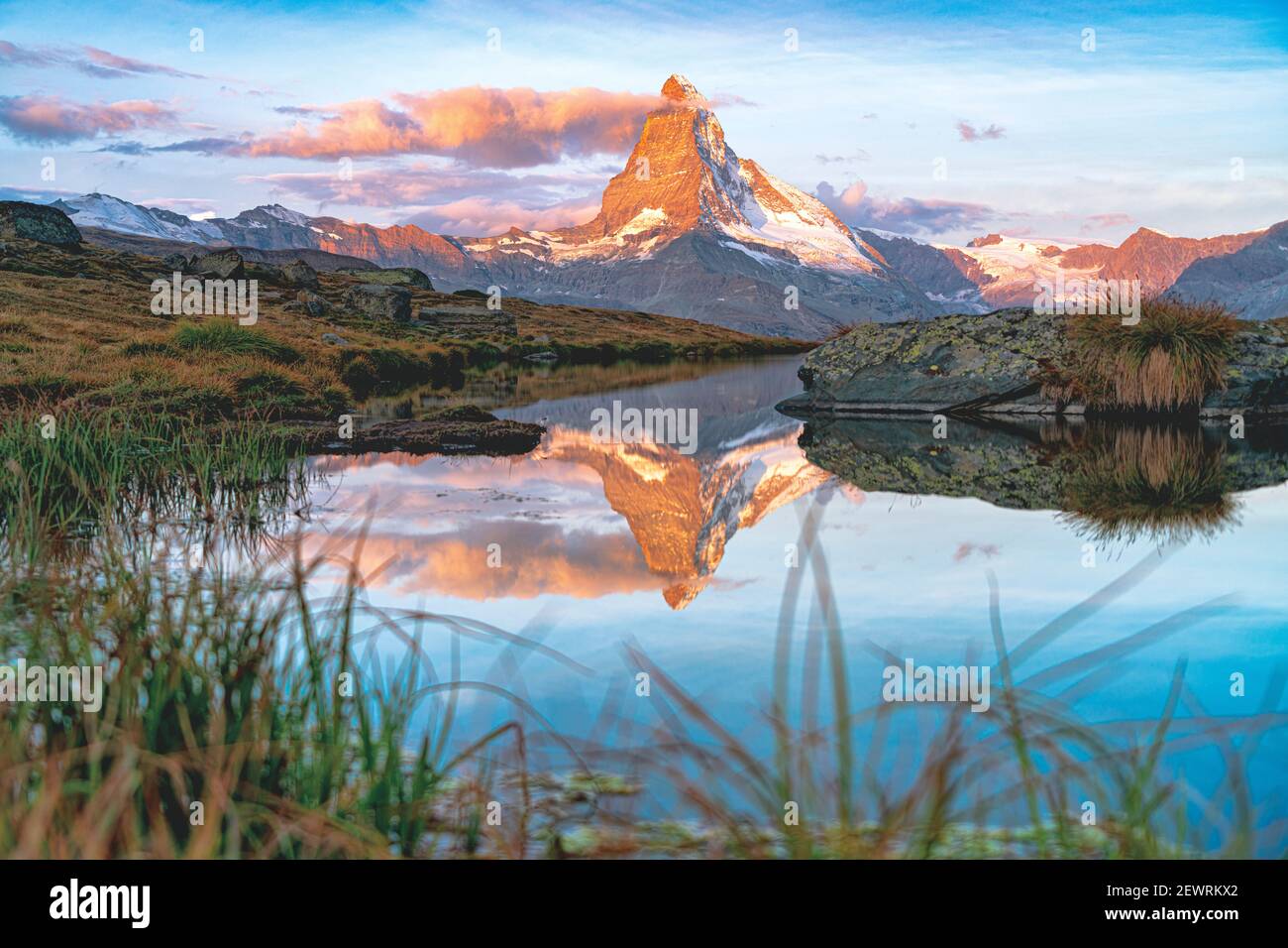 Sunrise over Matterhorn and lake Stellisee, Zermatt, Valais canton, Switzerland, Europe Stock Photo