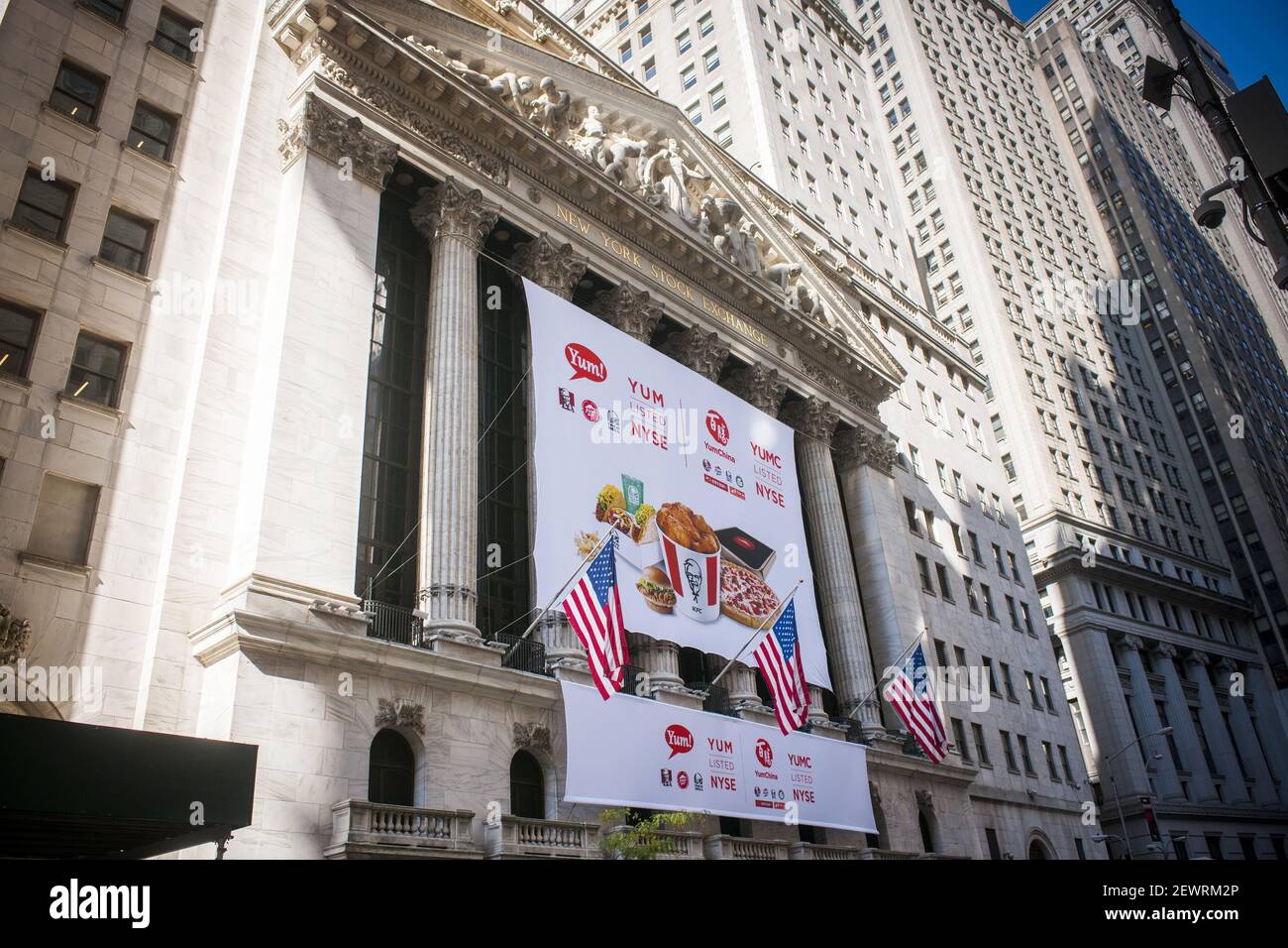 The New York Stock Exchange is decorated for the first day of trading