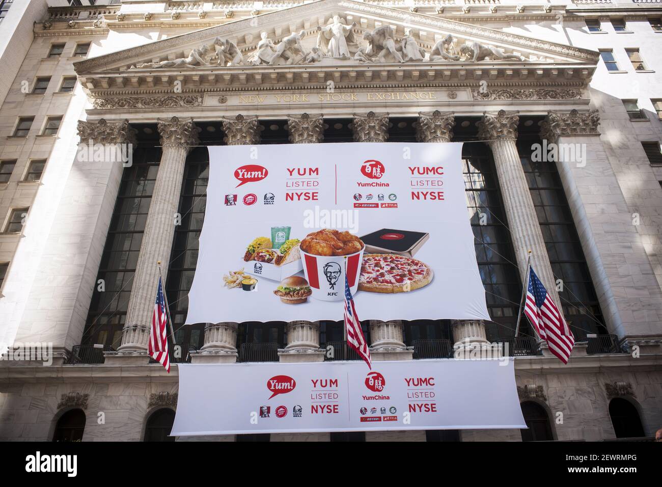 The New York Stock Exchange is decorated for the first day of trading