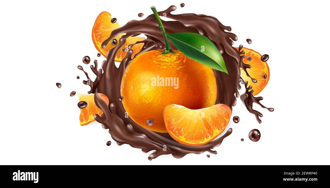 Whole and sliced mandarins in a chocolate splash. Stock Photo