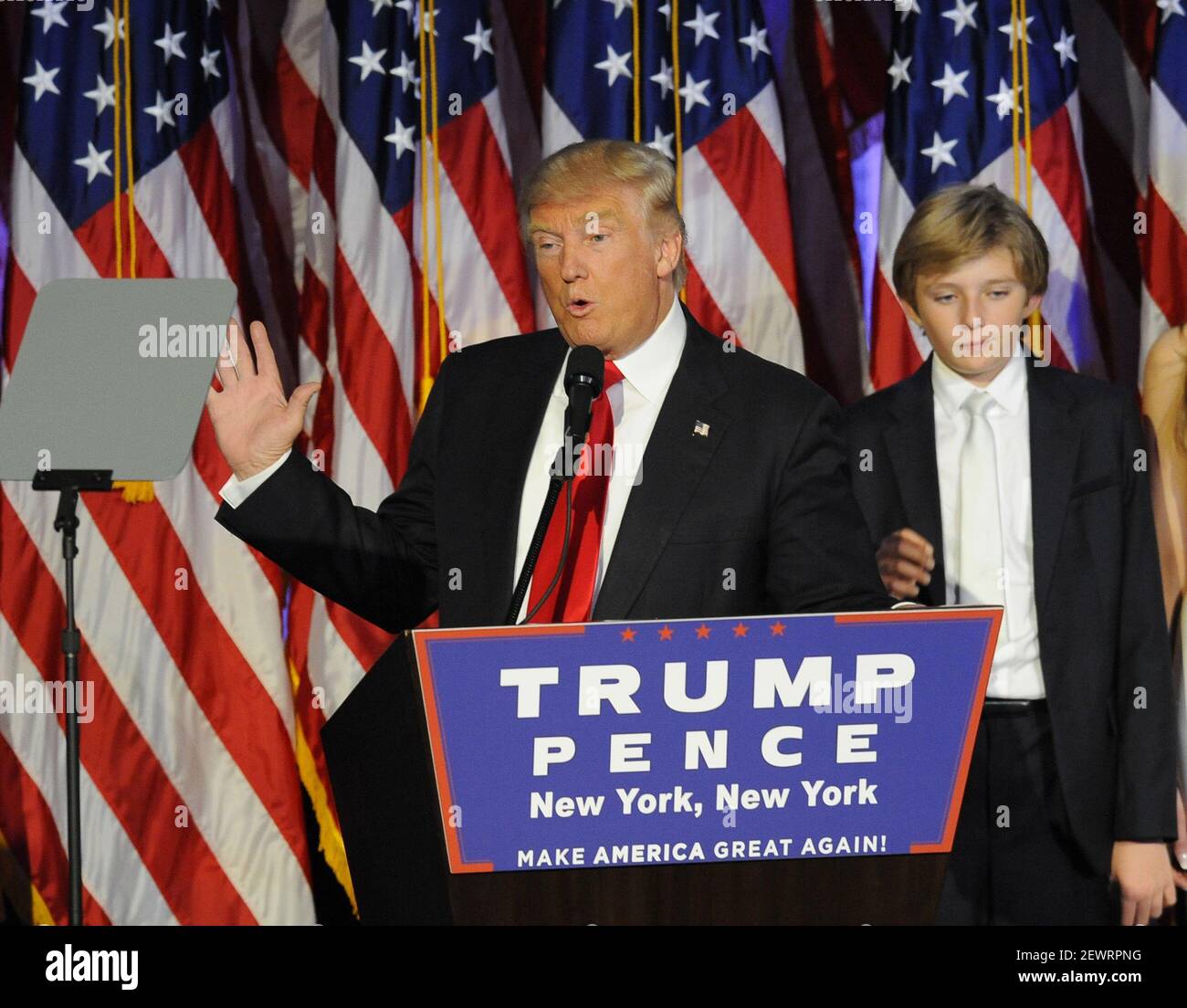 Donald Trump speaks to supporters on election night in the ballroom of the Hilton Hotel after being declared the winner of the presidential election on Nov. 9, 2016, in New York. (Photo by Louis Lanzano/Sipa USA) Stock Photo
