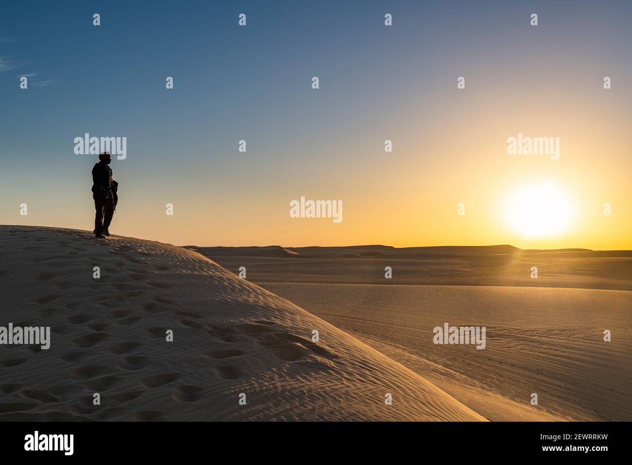 Tuareg standing on a sand dune in the Tenere Desert at sunrise, Sahara, Niger, Africa Stock Photo