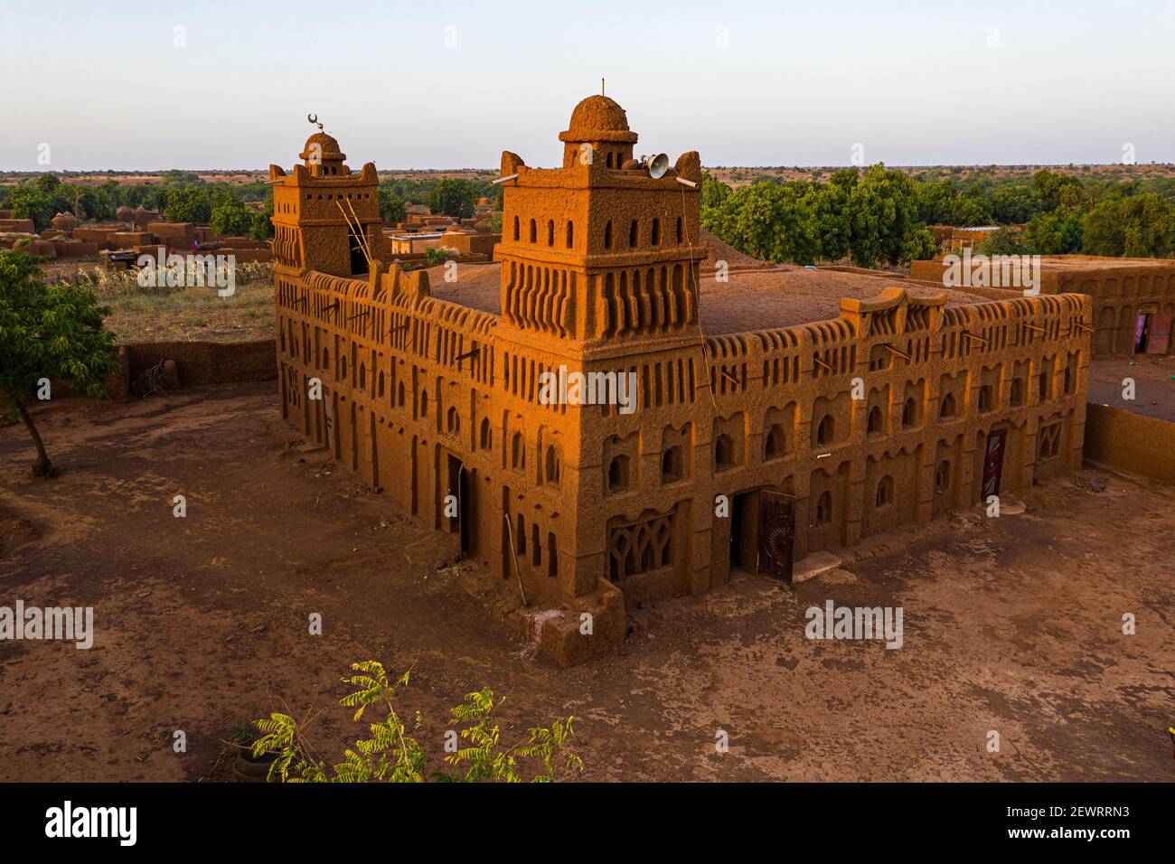 Aerial of the Sudano-Sahelian architectural style mosque in Yamma, Sahel, Niger, Africa Stock Photo