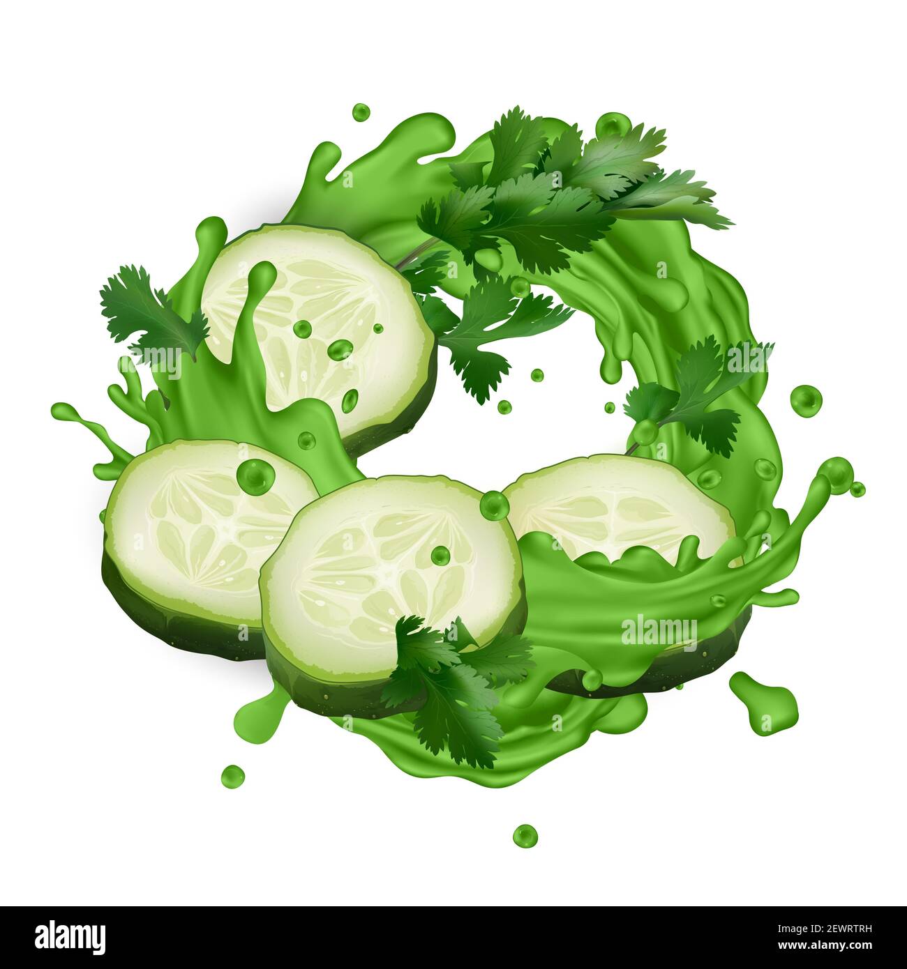 Green juice splash with cucumber slices and celery leaves Stock Photo