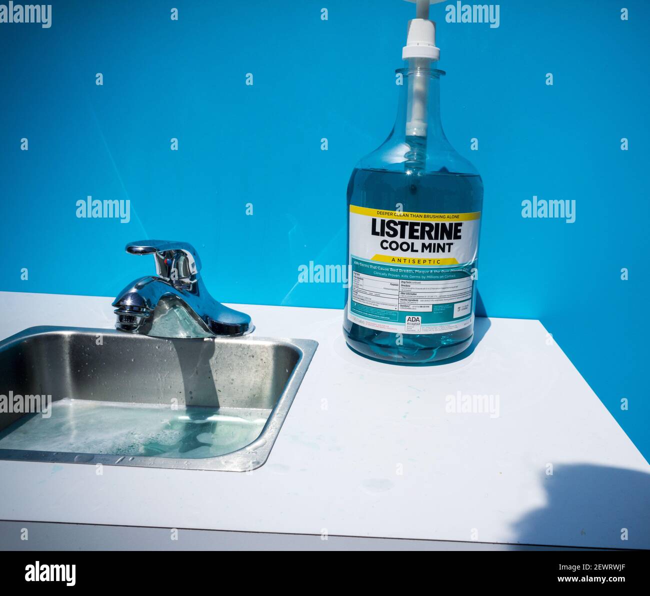 A commercial dispenser of Johnson & Johnson's Listerine brand mouthwash at  a promotional event in New York on Thursday, April 14, 2016. A recent Penn  State study says that some oral antiseptics