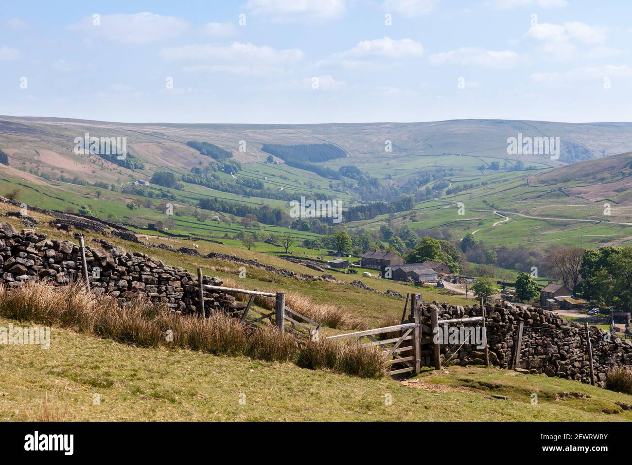 Scenic view of Upper Nidderdale on a sunny summer day taken from the route of the Nidderdale Way long distance path Stock Photo