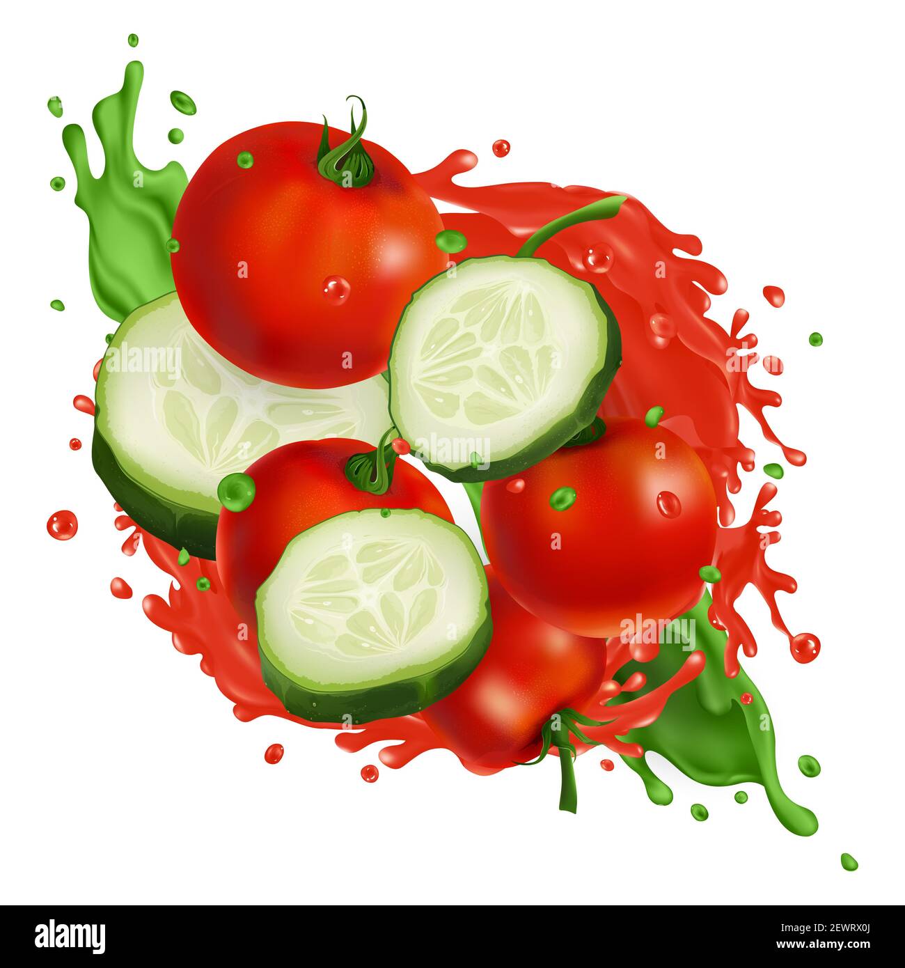 Cherry tomatoes and cucumber slices in splashes of vegetable juice Stock Photo