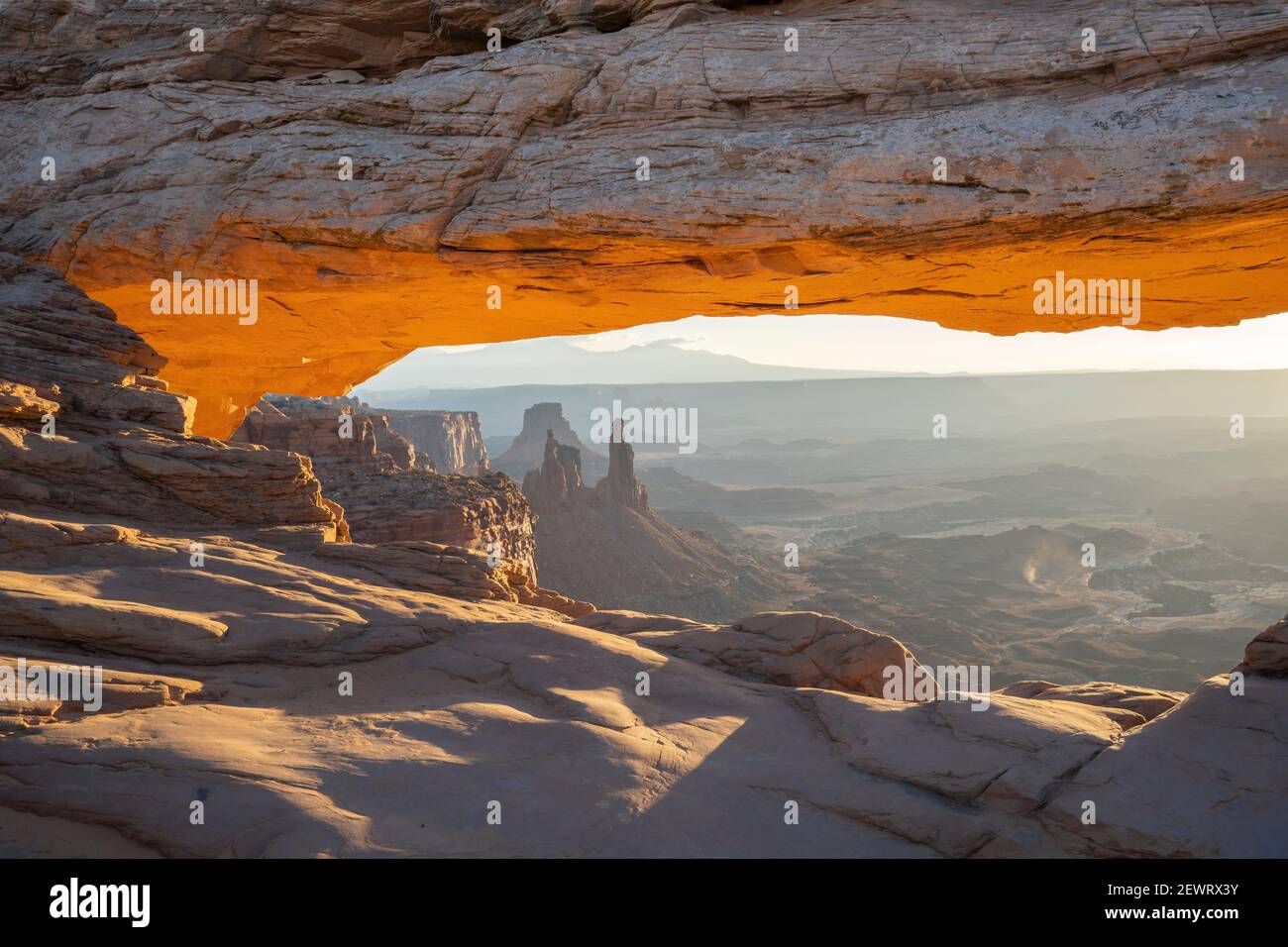 Close up view of canyon through Mesa Arch with glowing arch, Canyonlands National Park, Utah, United States of America, North America Stock Photo