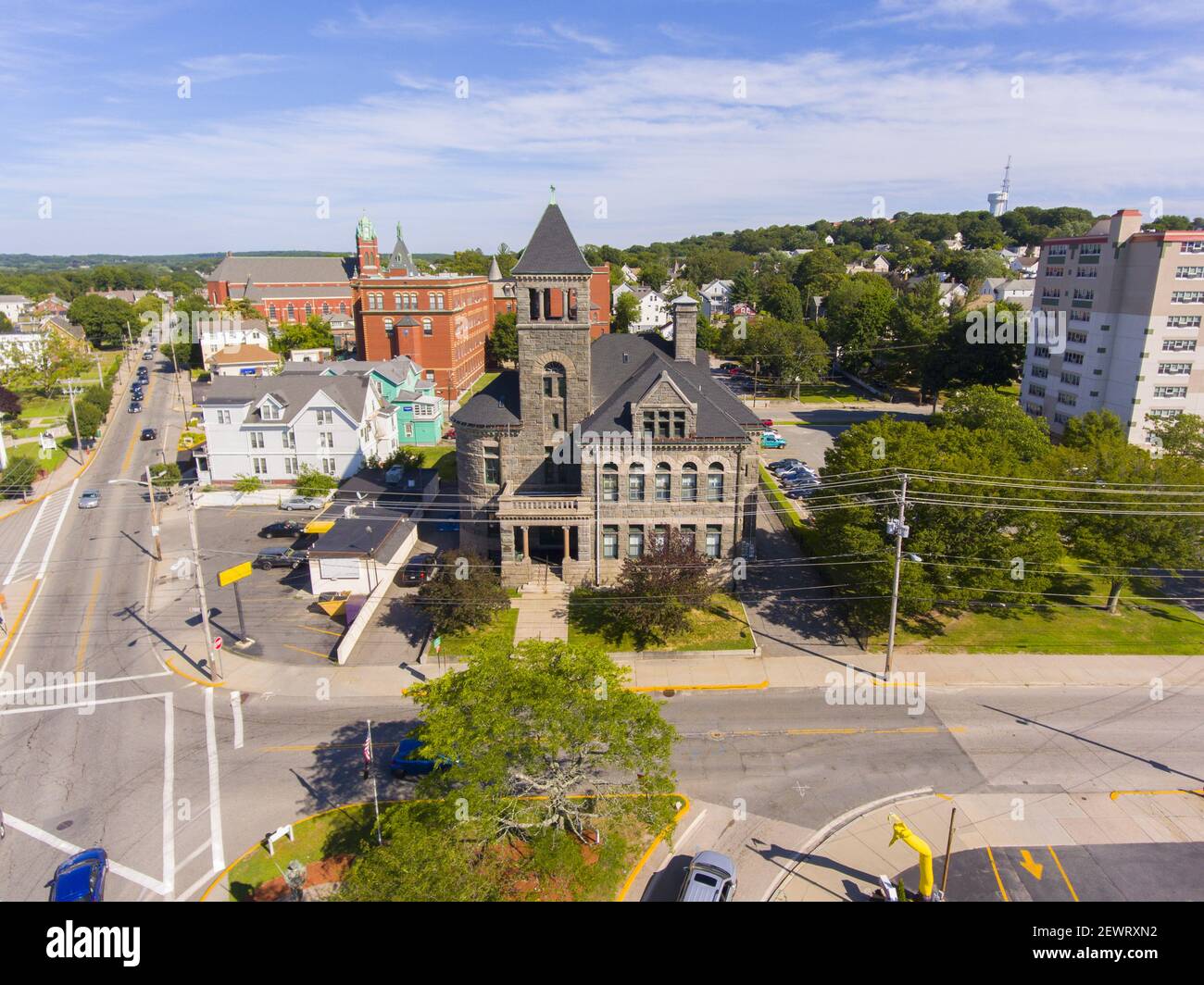 Woonsocket District Courthouse aerial view in downtown Woonsocket, Rhode Island RI, USA. Stock Photo