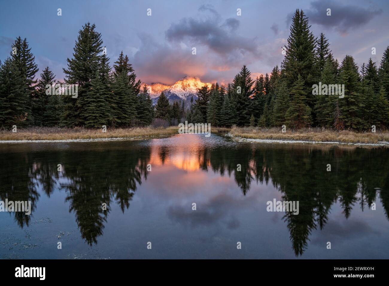 First light on the Grand Tetons with reflection at Schwabacher's Landing, Grand Teton National Park, Wyoming, United States of America, North America Stock Photo