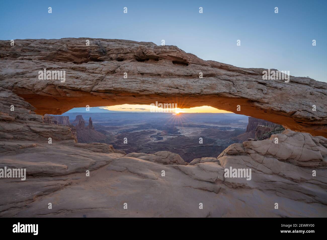 Sunrise at Mesa Arch with sunburst, Canyonlands National Park, Utah, United States of America, North America Stock Photo