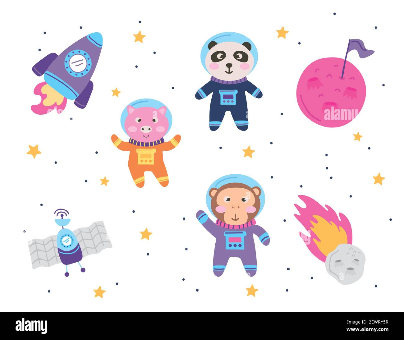 space set icons and animals Stock Vector