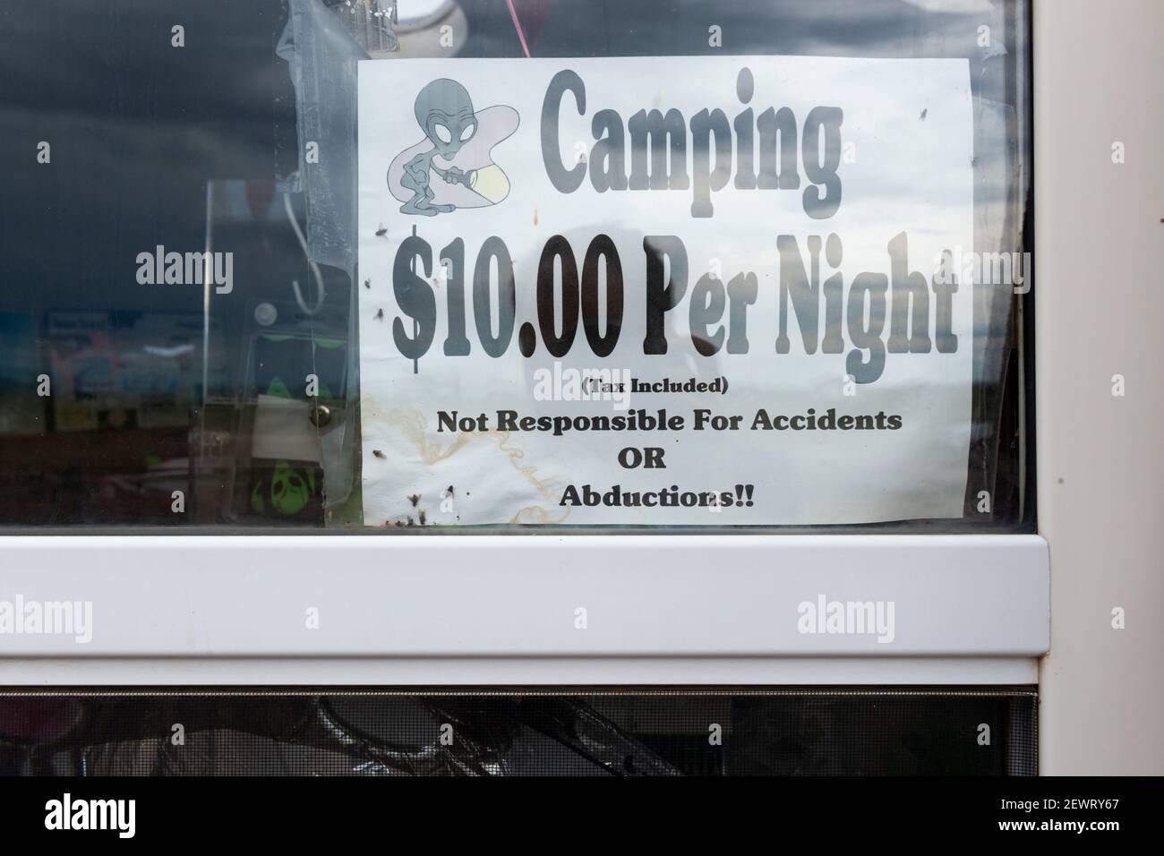Hooper, Colorado - July 14, 2014: Detail of the information with the price for camping at the UFO watchtower, near town of Hooper, in the state of Col Stock Photo