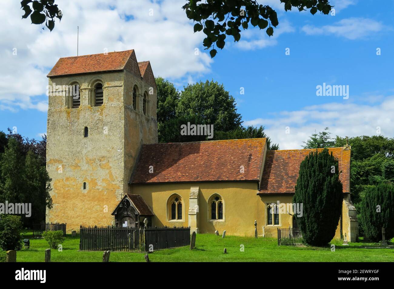 St. Bartholomew's church with its famous 12th century Norman Tower at Fingest in the Hambleden Valley, Fingest, The Chilterns, Buckinghamshire Stock Photo