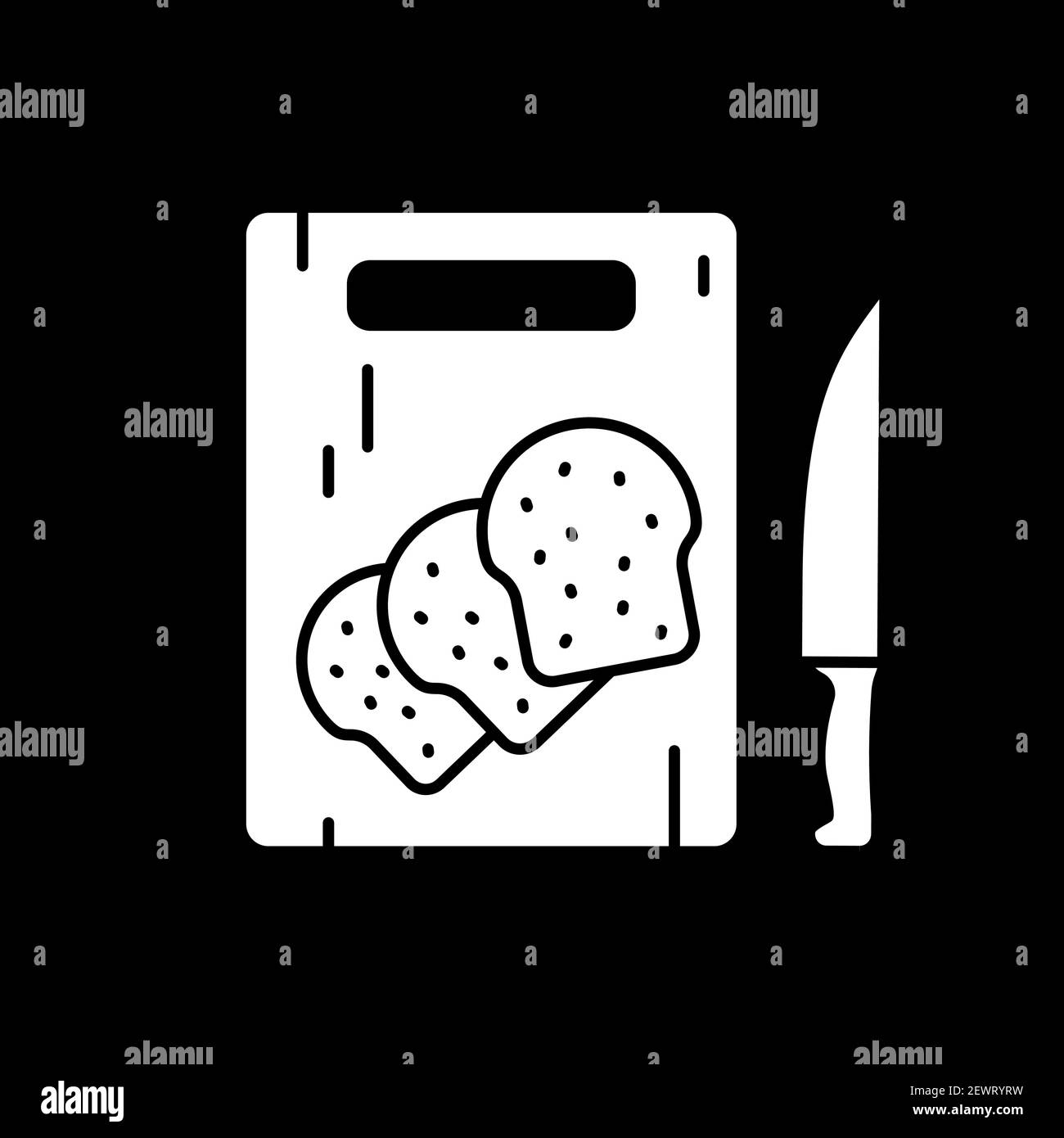 Bread toasts on cutting board dark mode glyph icon Stock Vector