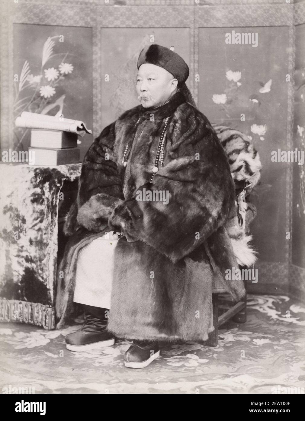 Vintage late 19th century photograph High ranking Chinese official in fur coat, China Stock