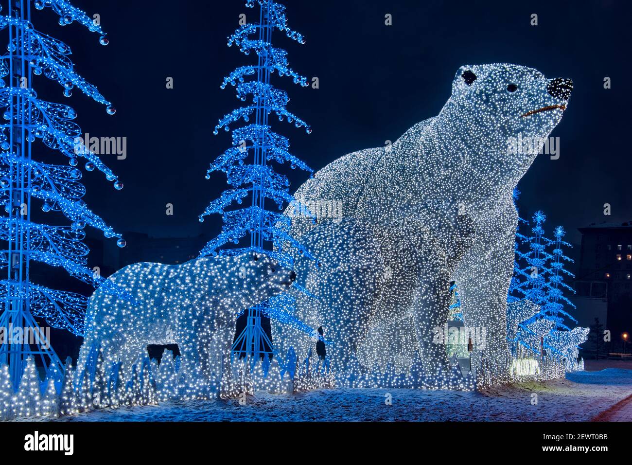 = Polar Bears and Festive New Year Trees in Rostokino =  Angled view on the New Year's composition in the north-east of Moscow in Rostokino with huge Stock Photo