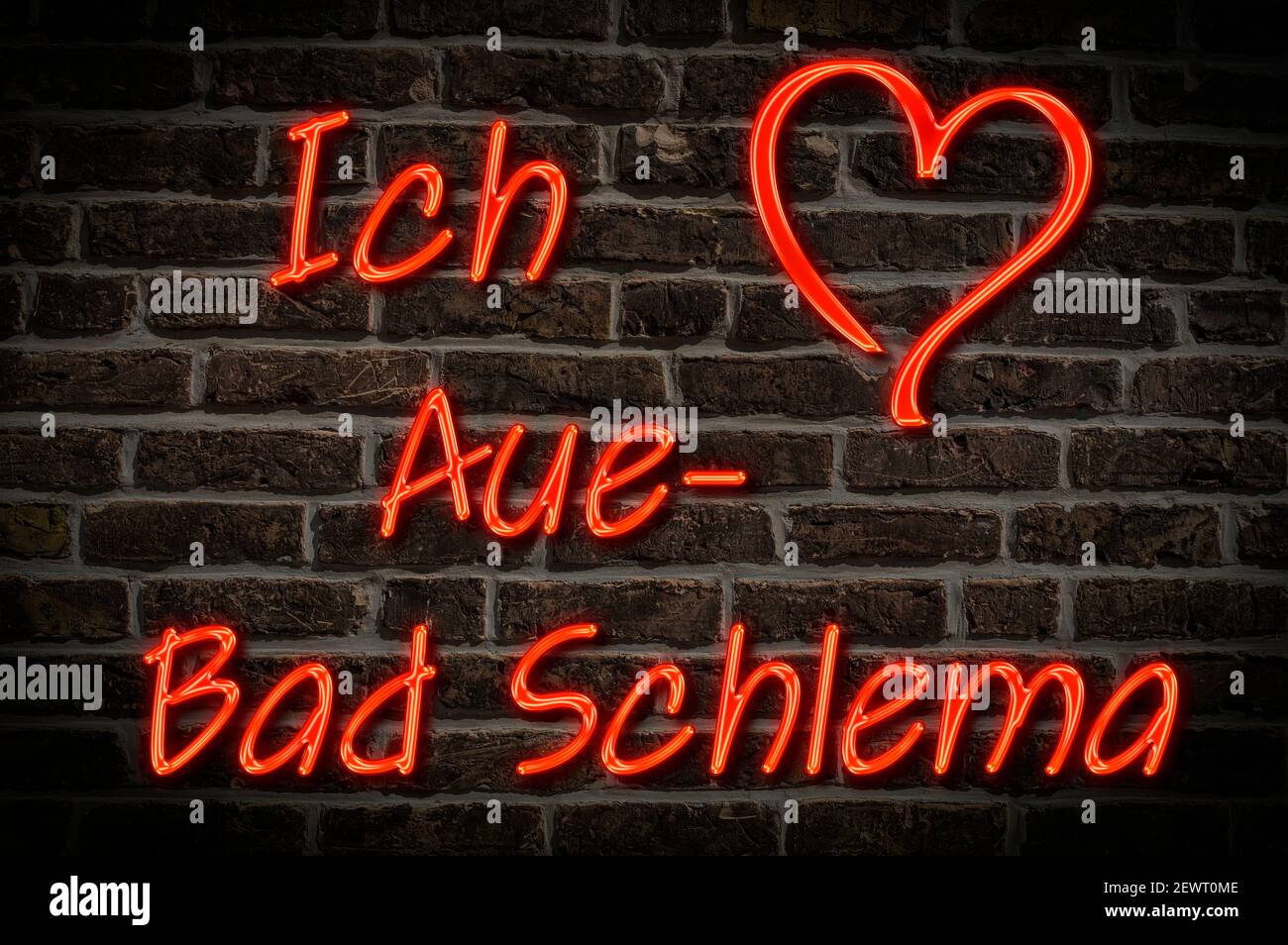 Leuchtreklame, Ich liebe Aue-Bad Schlema, Sachsen, Deutschland, Europa | Illuminated advertising, I love Aue-Bad Schlema, Saxony, Germany, Europe Stock Photo