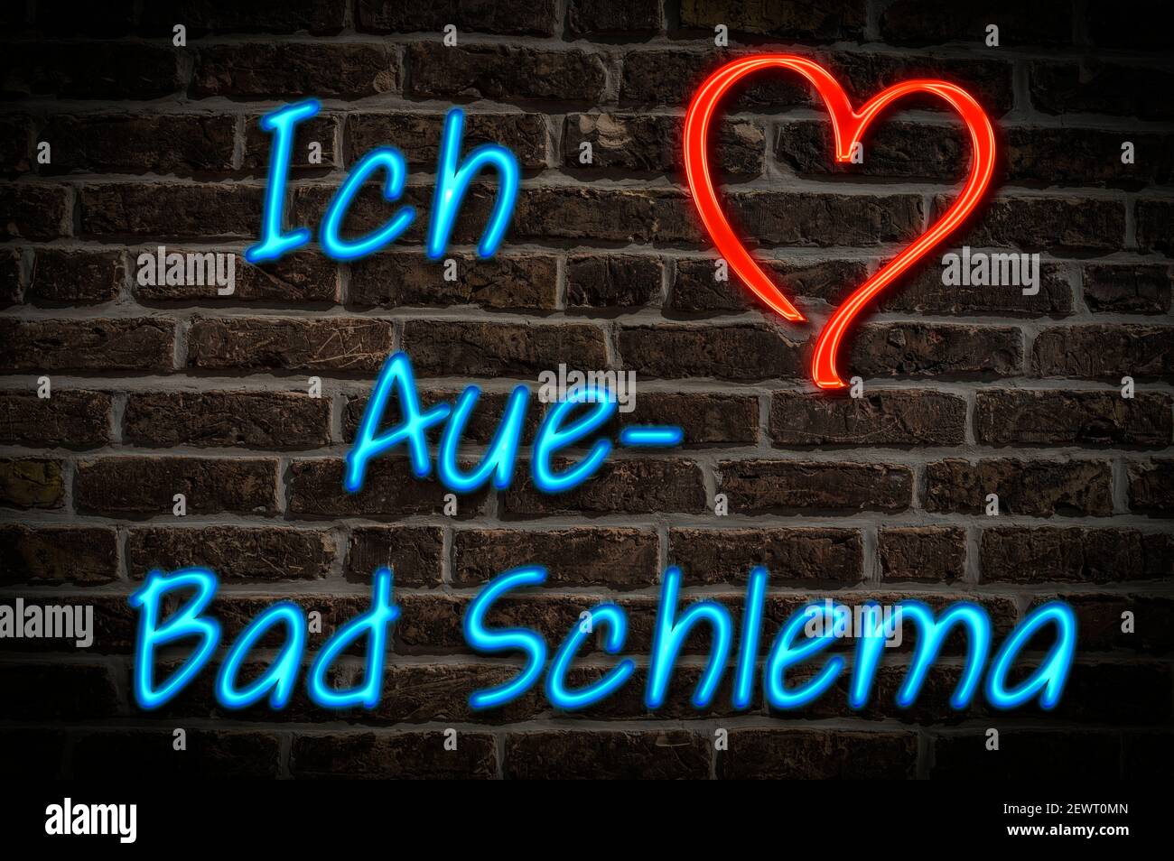 Leuchtreklame, Ich liebe Aue-Bad Schlema, Sachsen, Deutschland, Europa | Illuminated advertising, I love Aue-Bad Schlema, Saxony, Germany, Europe Stock Photo