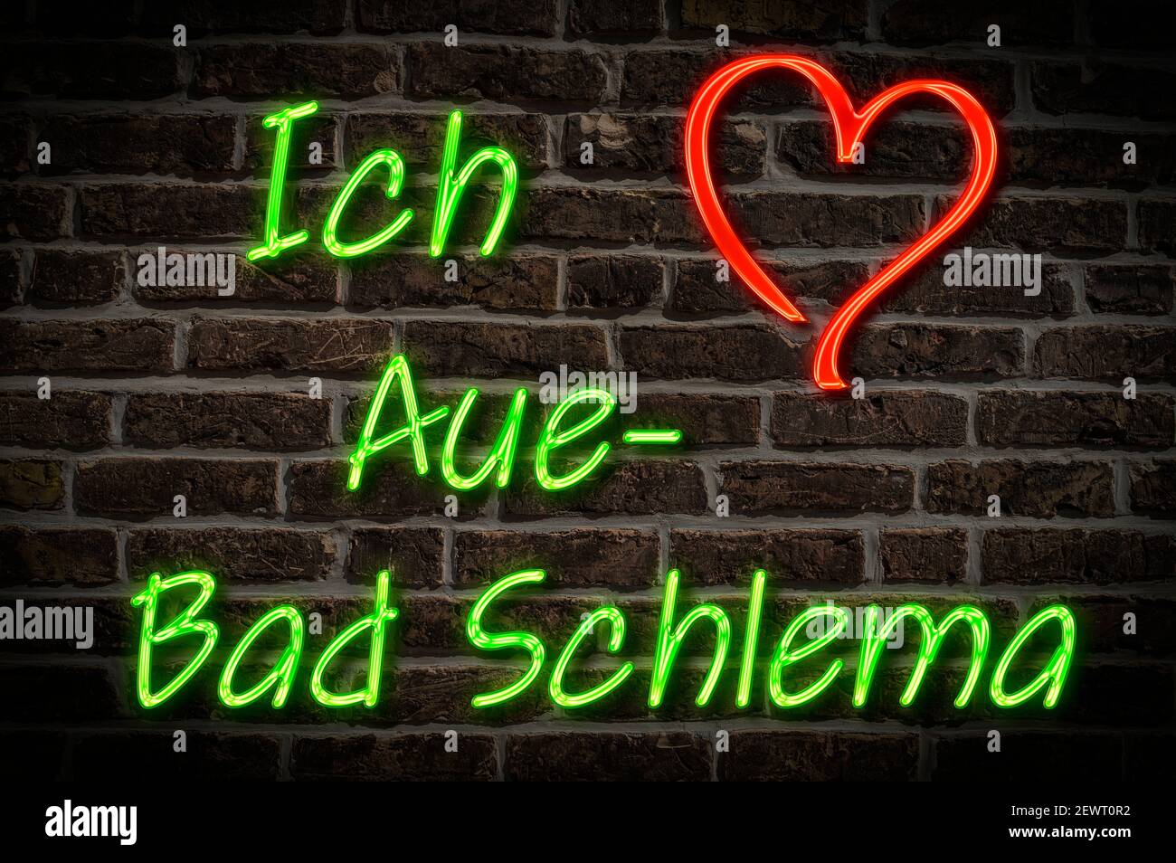 Leuchtreklame, Ich liebe Aue-Bad Schlema, Sachsen, Deutschland, Europa | Illuminated advertising, I love Aue-Bad Schlema, Saxony, Germany, Europe Stock Photo