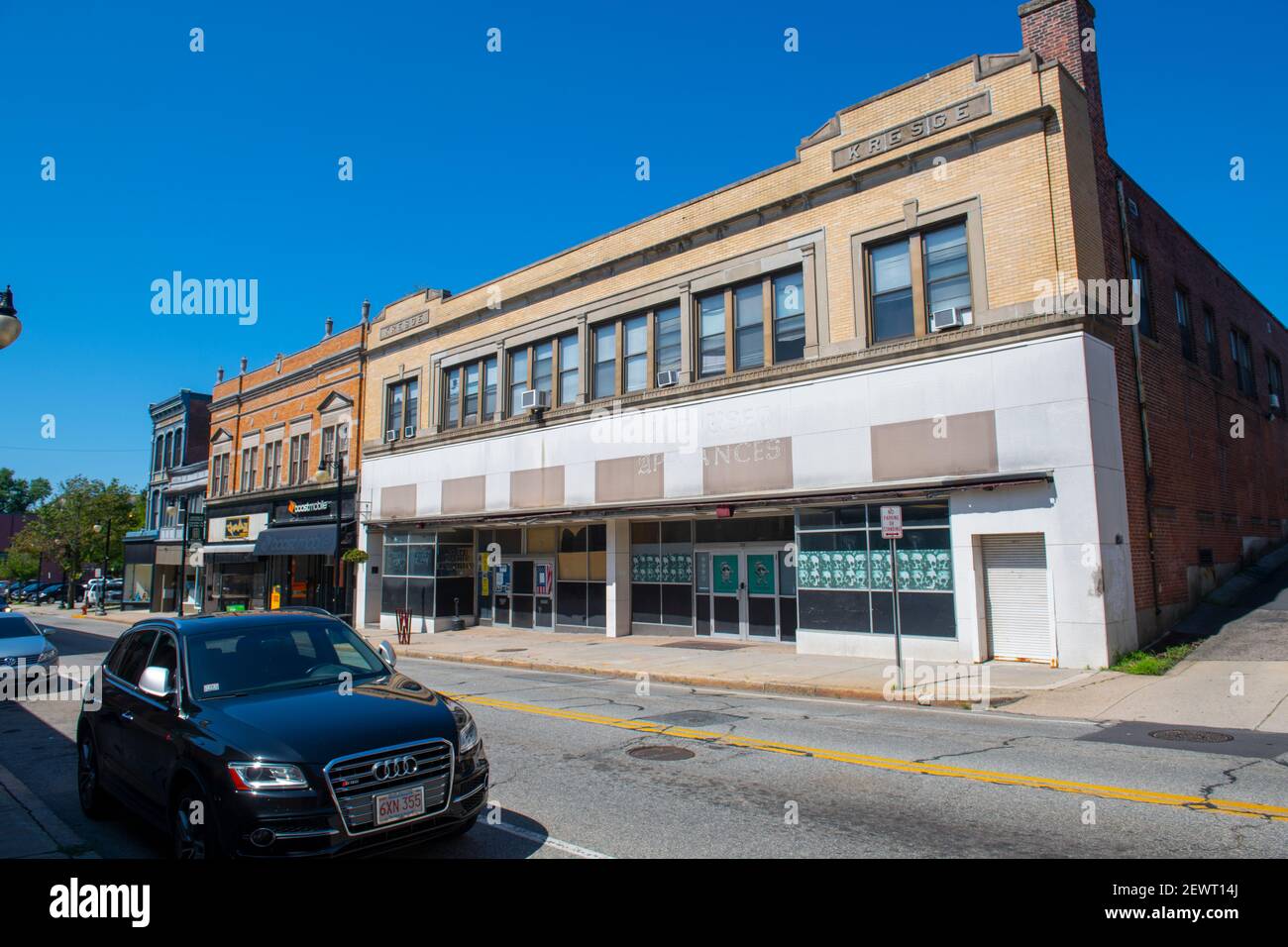 Historic Building in Main Street Historic District in downtown Woonsocket, Rhode Island RI, USA. Stock Photo
