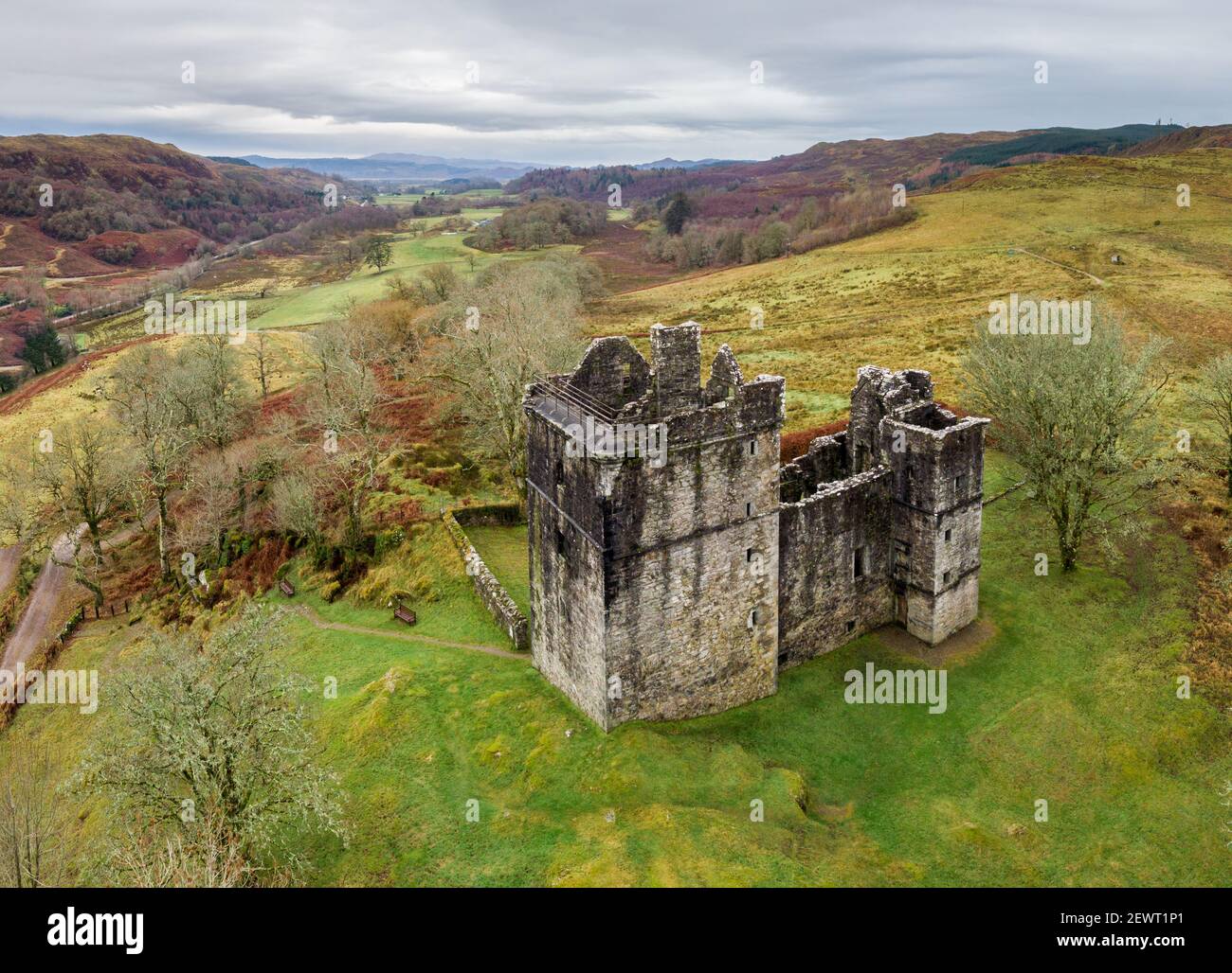 An aerial view of Carnasserie Castle on an overcast day, Kilmartin, Argyll and Bute, Scotland, UK Stock Photo