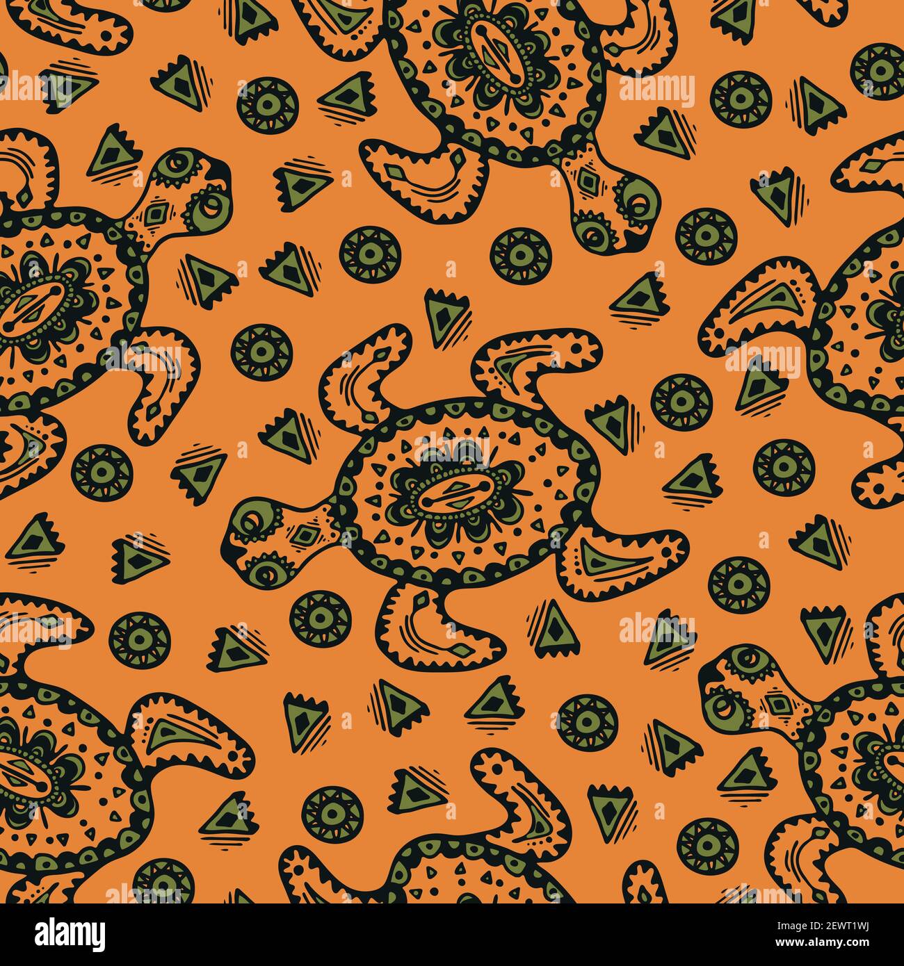 Seamless Vector Pattern With Turtles On Orange Background African Tribal Tortoise Wallpaper Design Ethnic Fashion Textile Stock Vector Image Art Alamy