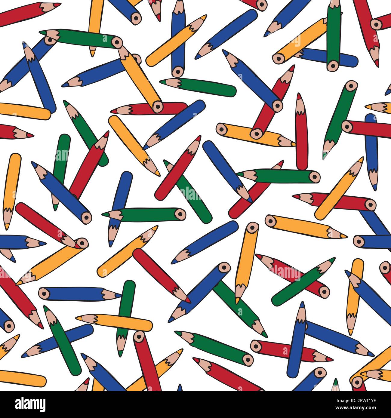 Seamless vector pattern with coloured pencils on white background. Cute artistic wallpaper design. Fun kids textile fashion. Stock Vector