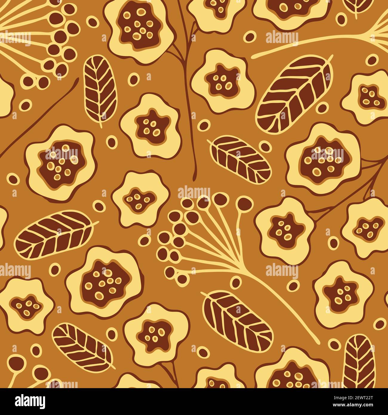Seamless vector pattern with abstract flowers on brown background ...